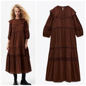 Zara Chocolate Brown Maxi Dress with Lace Details